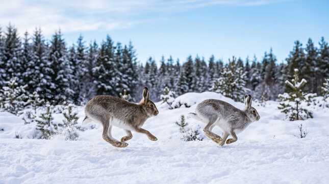 Two hares running in deep snow with forest background, winter wildlife and animal speed