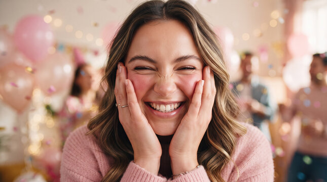 Excited young woman touching her cheeks and smiling brightly at a party perfect for joyful celebrations festive surprises and happy lifestyle promos