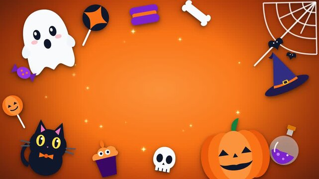 Halloween frame background with cute papercraft cartoon pumpkin ghost cat witch hat candies and twinkling sparkles loop 4K