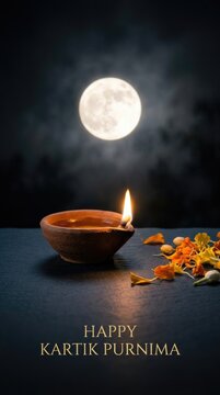 Traditional clay oil lamp burning wick flame near marigold petals under glowing full moon night sky, celebrating hindu festival kartik purnima holiday, dev deepawali indian cultural ritual event.