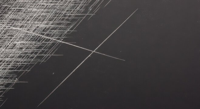 Abstract background, featuring a dark, gray surface covered, in a dense, network of fine, white intersecting lines, forming a complex, grid pattern that, resembles etched scratches, or technical
