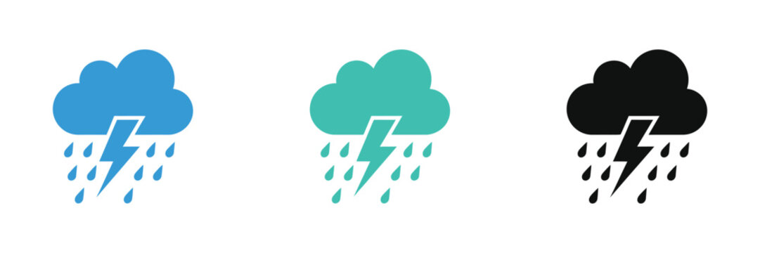 Stormy Weather Icons Set, rain cloud, lightning bolt, blue teal black styles, weather forecast, climate report, mobile app, web interface, isolated vector