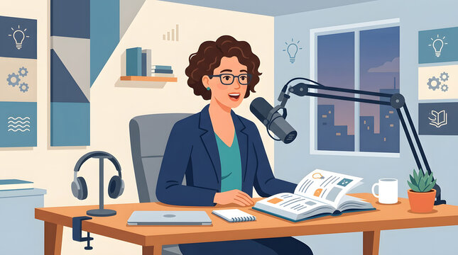Professional woman recording a podcast in a home studio with modern equipment at night