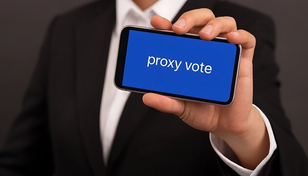 Businessman in formal suit holding smartphone with proxy vote message in office setting