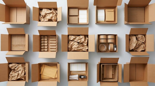 Top view of many open cardboard delivery boxes packed with various items and paper filler for shipping. package preparation steps