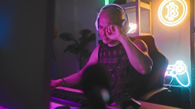 Man pinches nose and rubs eyes while wearing white headset and sleeveless patterned top, seated in gaming chair at keyboard in studio; fatigue.