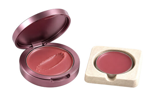 Creamy blush makeup in compact and refill pan on transparent background