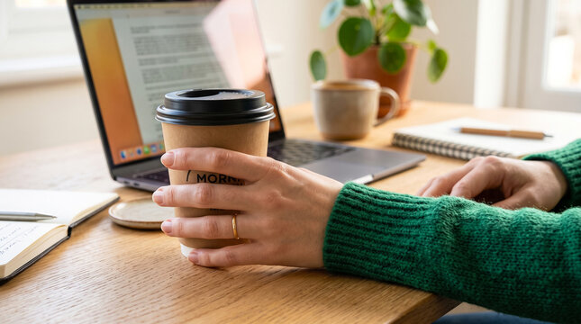 Hand holding takeaway coffee cup on wooden desk with laptop, remote work and productivity