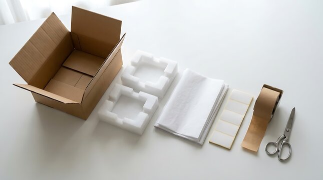 Open cardboard shipping box with styrofoam protection paper sheets adhesive tape and scissors for packing. package preparation steps