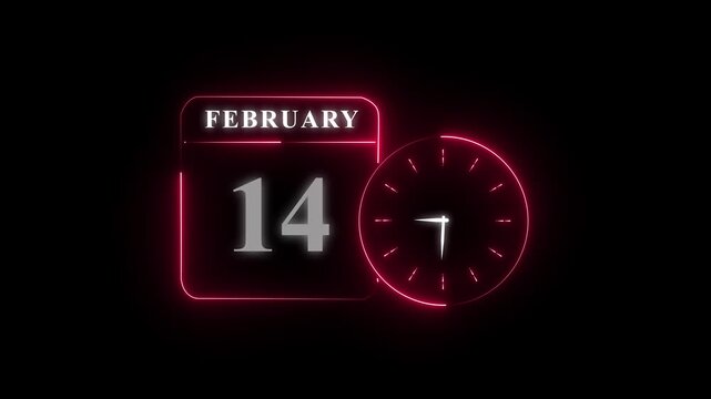 February 14 glowing digital calendar with clock icon