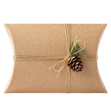 Gift pouch with pine cone and twine tied bow for holiday packaging design