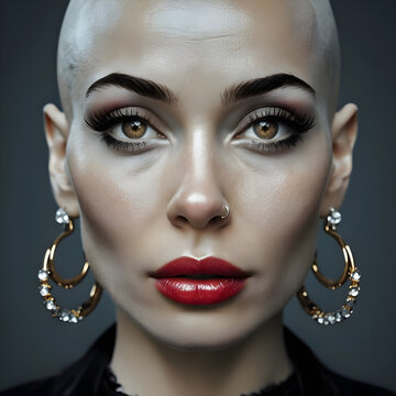 Bald Beauty Portrait with Bold Red Lips, Dramatic Eye Makeup and Large Hoop Earrings, Fashion Editorial Close Up Featuring Flawless Skin, Striking Facial Features and Contemporary Glamour Style