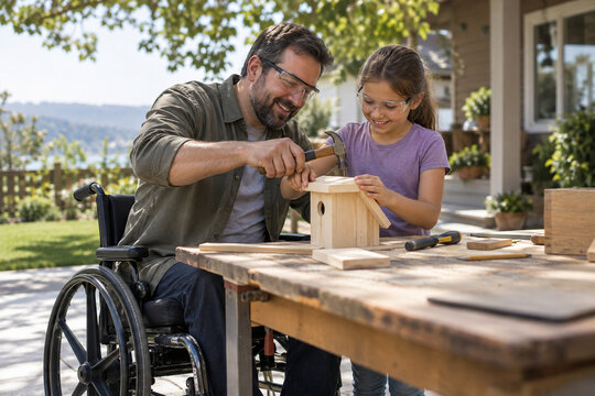 Father and Daughter Building Together: A father in a wheelchair and his smiling daughter collaborate on a woodworking project outdoors.