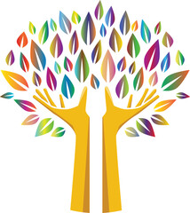 Fototapeta premium Abstract tree made of colorful rainbow leaves supported by two hands as a concept of nature care with helping hands white background environmental colorful protection wellness