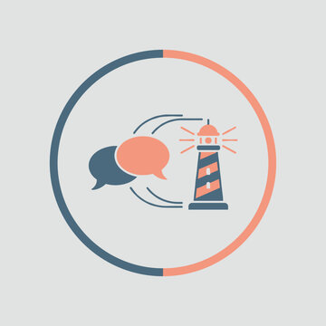 Clear and concise icon depicts a lighthouse beaming light towards two speech bubbles, symbolizing guidance, communication, and clarity in a circular graphic.