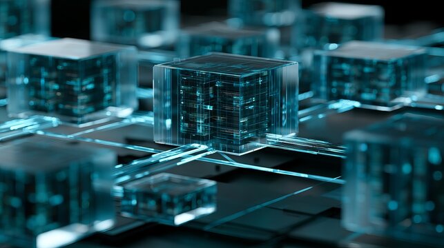 Glimmering blue cubes interconnected with glowing lines, representing digital networks and futuristic technology concepts beautifully