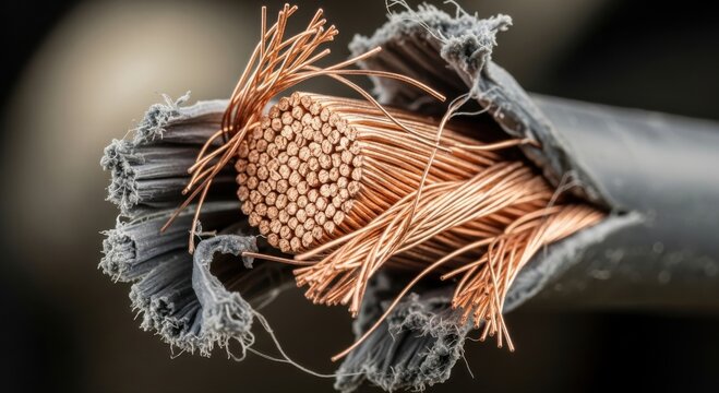 Close up view of a thick electrical cable with its black rubber insulation stripped back to reveal the internal copper wiring consisting of multiple thin strands