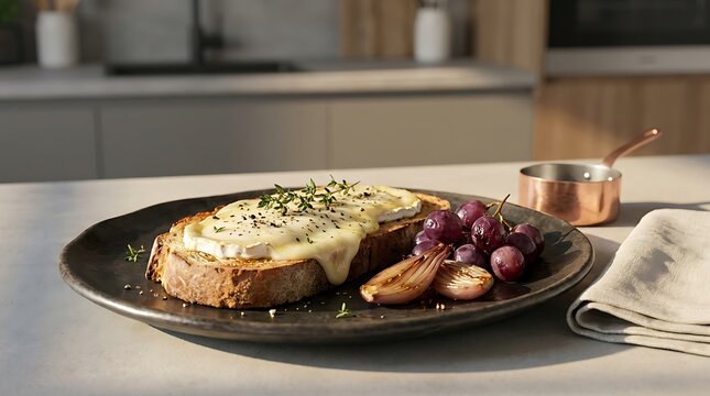 Delicious piece of toasted sourdough bread with creamy avocado topping and fresh grapes on a plate. aged goat cheese