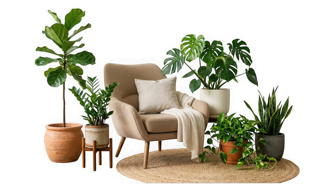 Cozy armchair with various houseplants isolated on transparent background