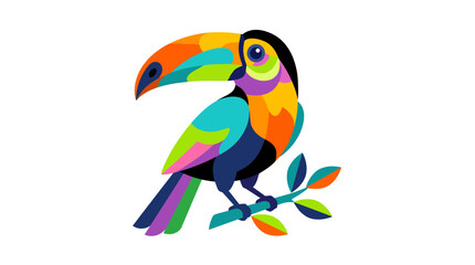 Obraz premium Vibrant, colorful, and stylized toucan illustration with a large multi-hued beak, perched on a simple branch against a white background.