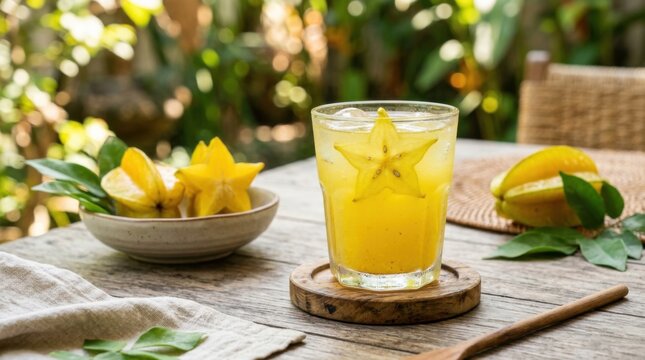 Refreshing Starfruit Juice and Slices on Wooden Table with Tropical Greenery Background