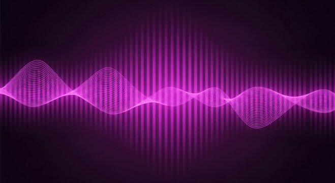 Glowing purple sound wave visualization with digital frequency lines, representing audio signals, music rhythm, or data transmission in a dark environment, abstract electronic pulse background