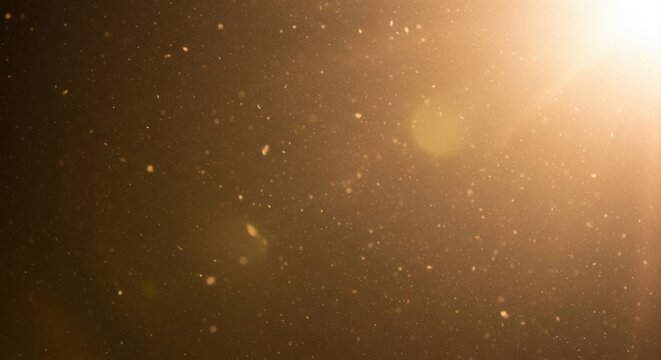 Golden light particles floating in a dark atmosphere with lens flare, glowing dust motes suspended in the air, warm bokeh effect, ethereal background, soft light rays, cinematic lighting overlay