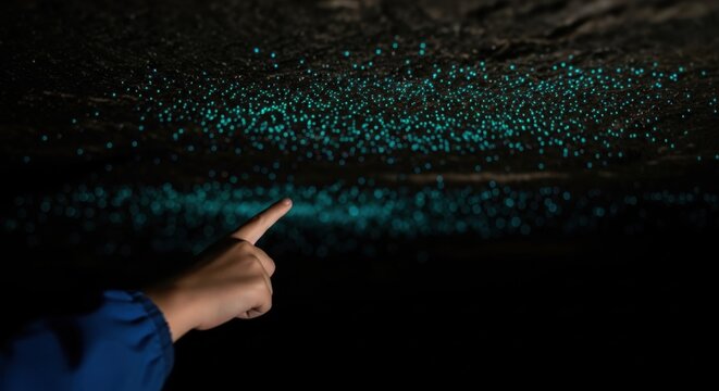 Human finger pointing at glowing bioluminescent glow worms on the dark ceiling of a natural cave, creating a magical starry night sky effect in the underground cavern environment, close up view