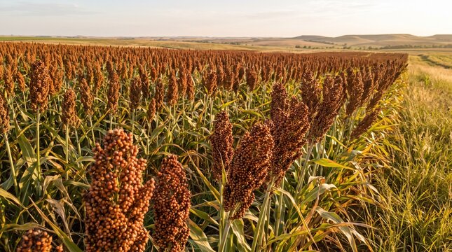 Sorghum field at sunset, ripe reddish-brown grain sorghum crop, agricultural farmland landscape