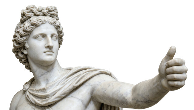 Marble statue of Apollo giving thumbs up gesture, isolated on transparent background