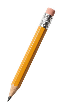 Yellow hexagonal pencil with pink eraser and metal ferrule, isolated on transparent background
