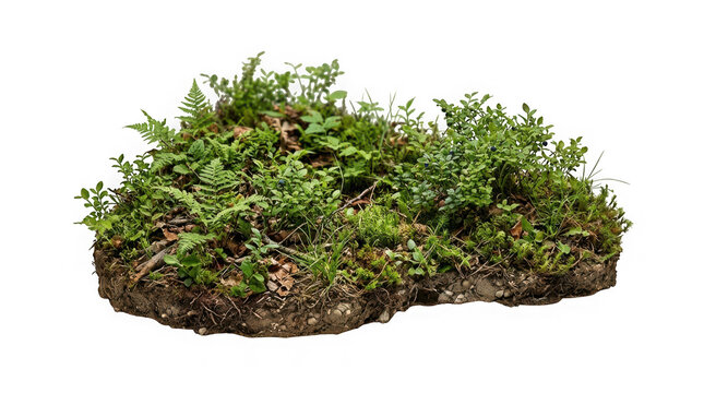 Cross section of forest ground with moss, grass, and ferns, isolated on transparent background