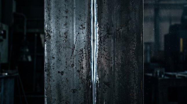 Industrial welded steel seam close up, dark metallic iron joint texture, heavy duty metal construction, factory engineering background