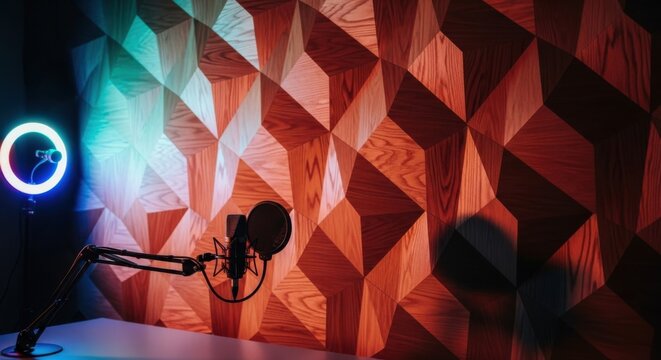 Podcast recording studio setup with a microphone on a boom arm and a circular ring light positioned against a geometric wall panel with wooden triangular patterns and blue red lighting