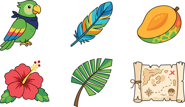 Tropical pirate parrot adventure set featuring green bird character colorful feather sliced mango red hibiscus flower palm leaf and old treasure map