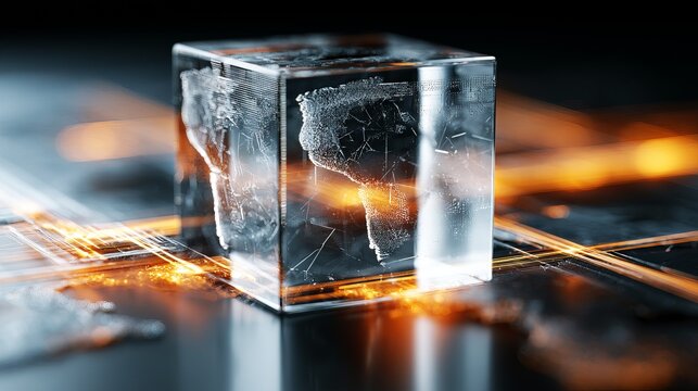 Global map inside crystal cube reflecting orange light, representing technology, interconnectedness, and a modern business concept