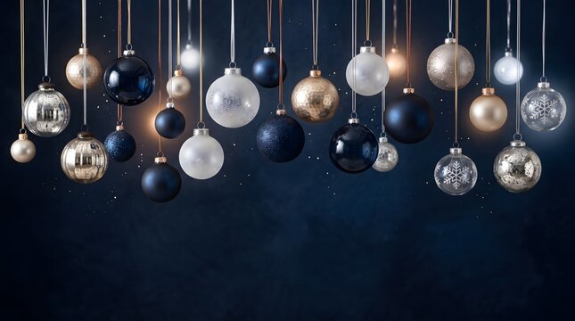 Elegant hanging festive baubles creating a luxury dark blue christmas background for holiday season greeting cards