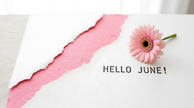 Text hello june printed on white paper with a pink gerbera flower