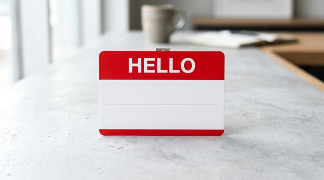 Red and white hello name tag on a marble desk surface with desk accessory