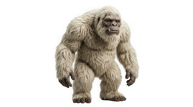 Realistic 3d illustration of a white yeti or abominable snowman standing isolated on transparent background