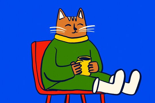 Cozy cat enjoy winter tea in festive chair