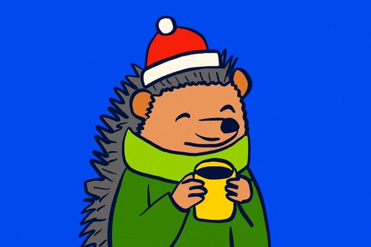Hedgehog in Santa hat hold warm winter drink