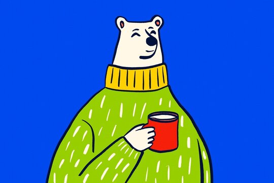 Polar bear with hot drink in winter sweater