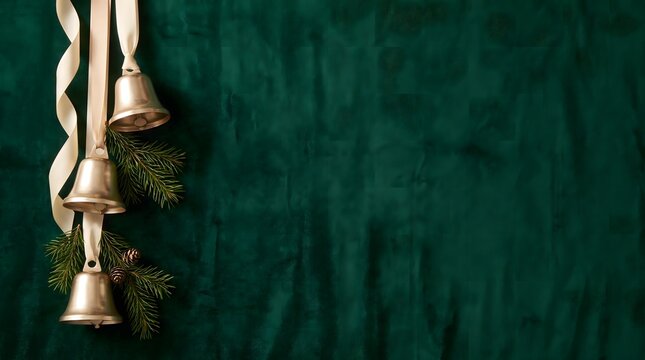 Elegant christmas background with golden bells ribbons and a deep emerald green texture