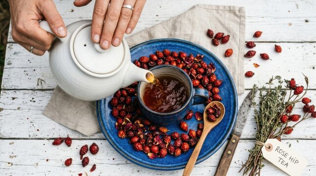 Pouring Hot Rosehip Tea from Teapot into Cup Surrounded by Dried Rosehips and Herbs