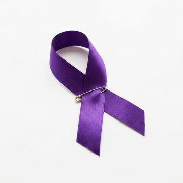 Purple Awareness Ribbon with Safety Pin on White Background Symbol of Support and Hope