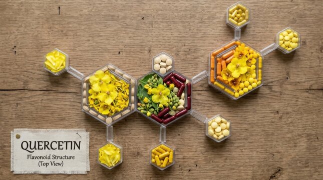 Quercetin Flavonoid Structure Composed of Natural Ingredients and Supplements on Wooden Background