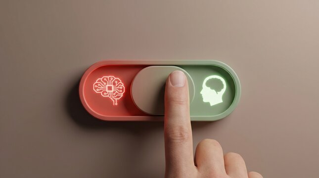 Finger sliding a toggle switch from a red artificial intelligence brain to a green human mind. Concept of choosing human over AI, ethical technology, and manual control over machine automation.