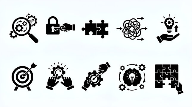 Problem Solving Icon Set: 10 Flat Black Silhouette Graphics