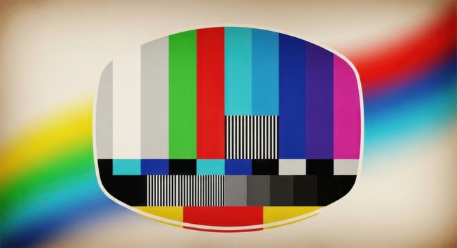 Vintage television test pattern screen with colorful vertical bars and grayscale blocks, retro broadcast signal, old school tv calibration chart, nostalgic media display, analog television